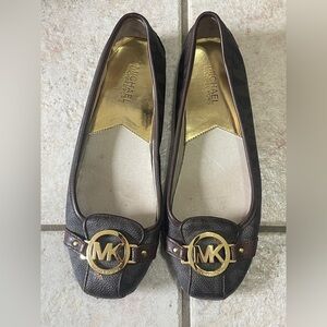 Michael Kors Dark Brown Leather Logo-Emblem Flats with Gold Accents